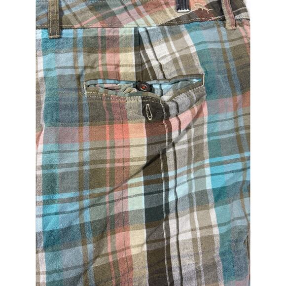 Tommy Bahama Shorts 40 Tan Blue Plaid Linen Tencel Bermuda - Picture 9 of 13